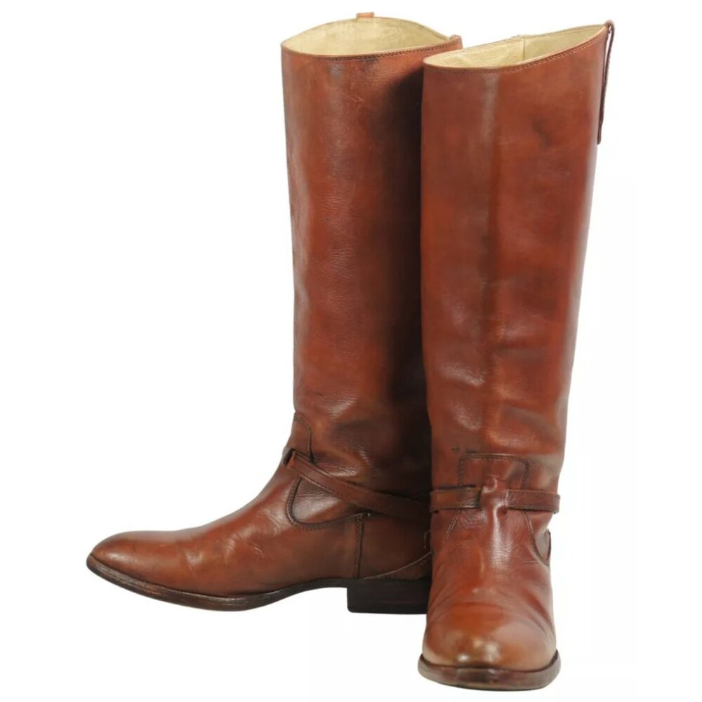 Frye 17-Inch Tall Knee Hi Brown Leather Harness Biker Motorcycle Boots Women's 8